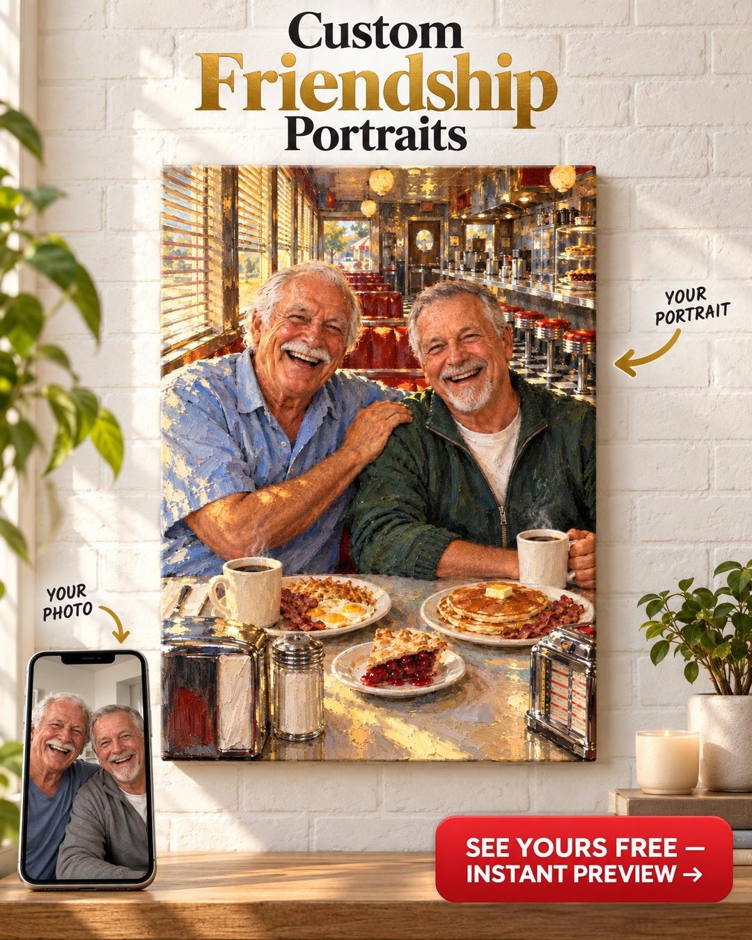 Saturday at the Diner Best Friends Custom Portrait from Photo | Personalized Gift for His Best Friend