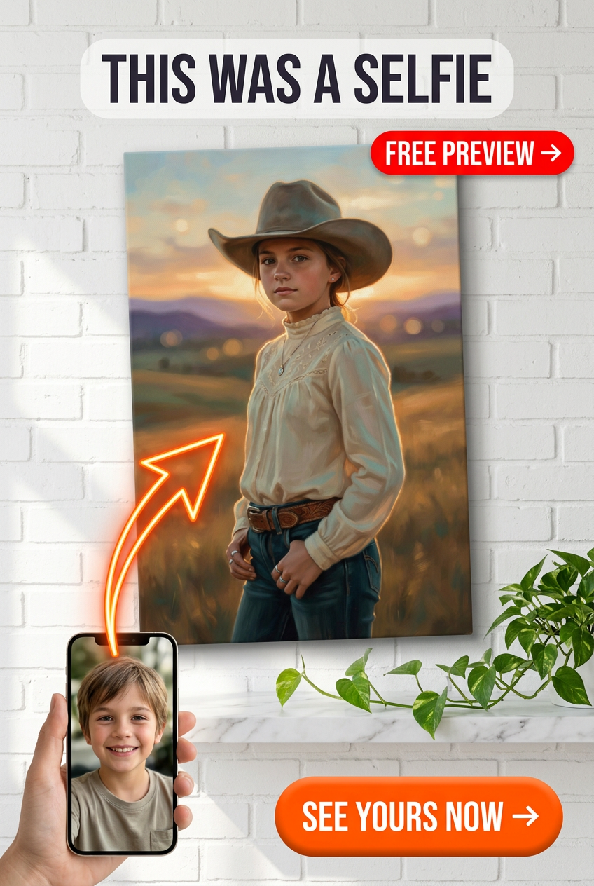 Custom Cowboy Girl Portrait — Serene Western Canvas from Photo