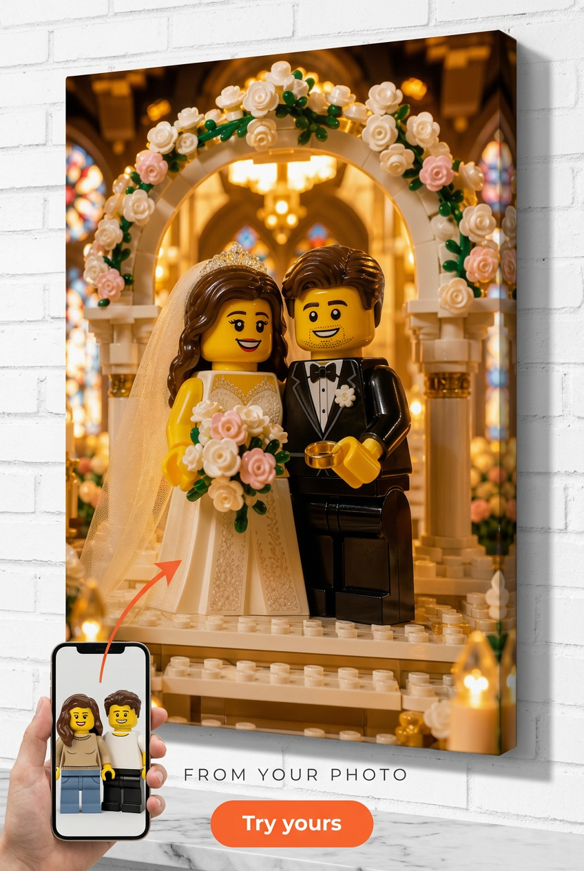 Custom Brick Minifigure Wedding Couple Portrait from Photo | Personalized Canvas Gift