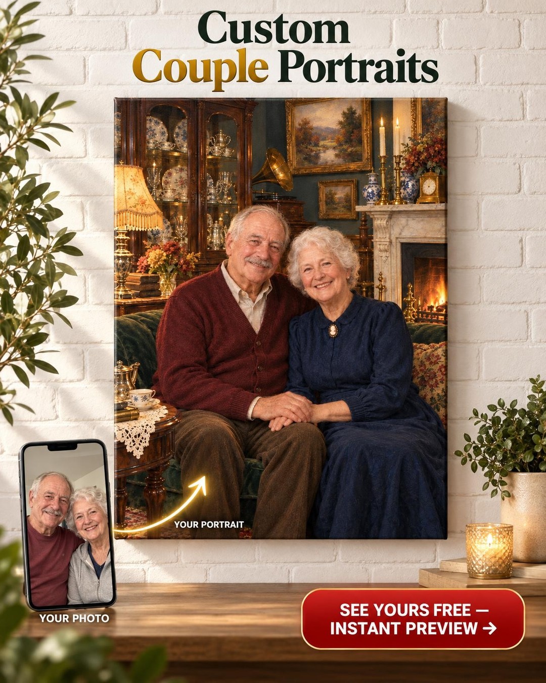 Collector's Parlour Couple Custom Portrait from Photo | Personalized Antique Shop Gift