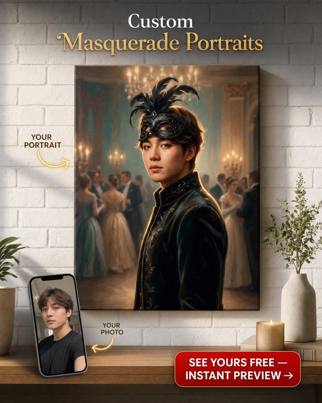 Custom Royal Man Portrait — Regal Masquerade Canvas from Photo