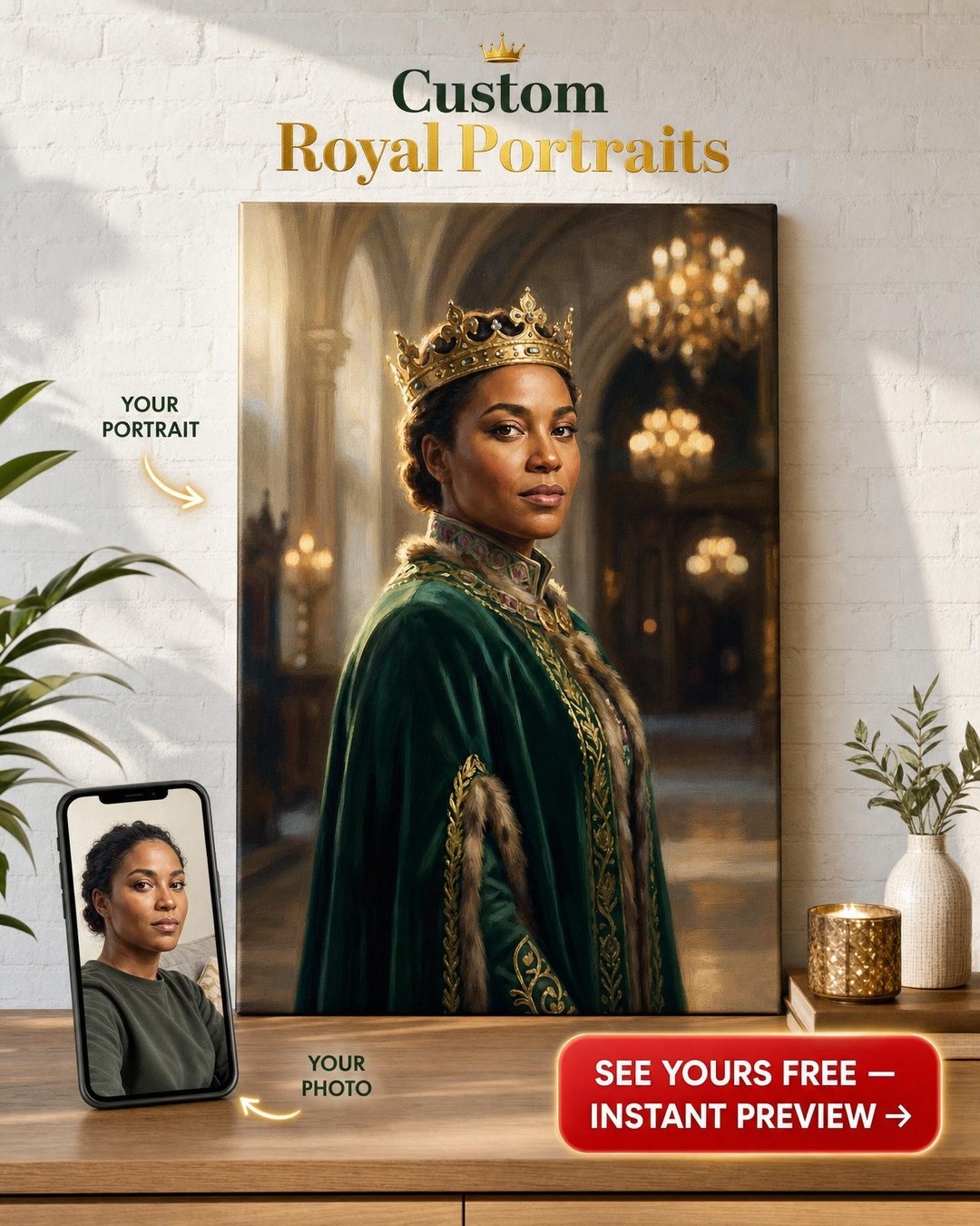 Custom Royal Woman Portrait — Regal Castle Canvas from Photo