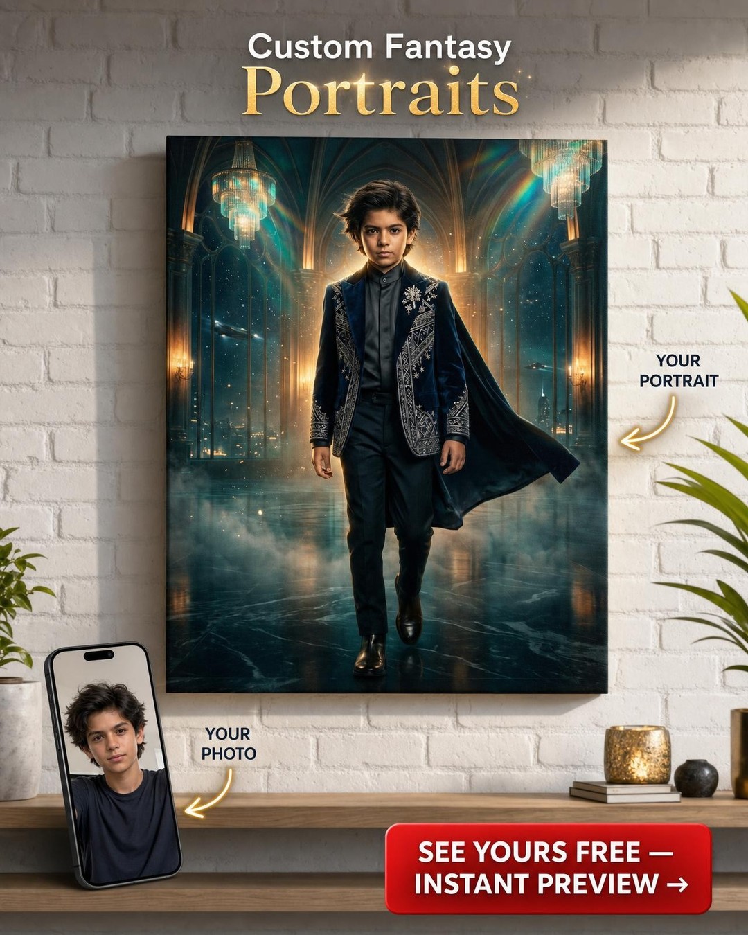 Custom Royal Single-Man Portrait — Heroic Boy Canvas from Photo