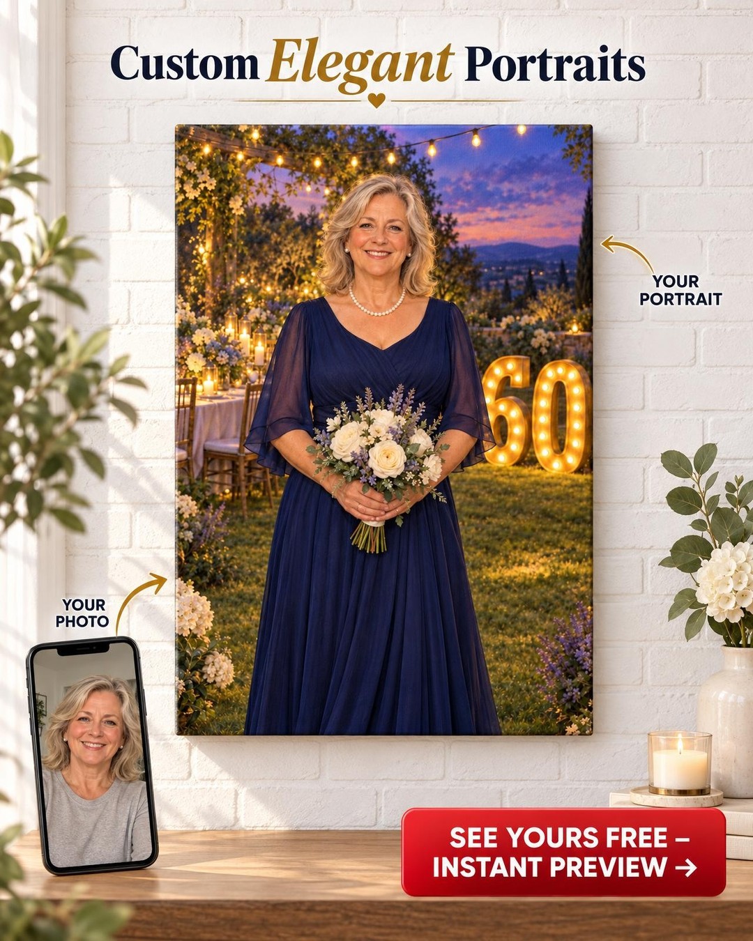 Marquee Lights Birthday Custom Portrait from Photo | Milestone Birthday Gift