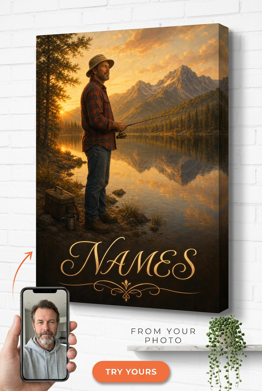 Custom Fishing Man Portrait — Serene Lake & Mountain Canvas