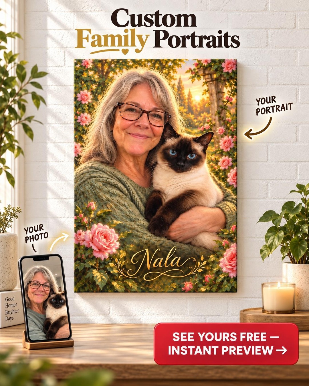 You and Your Cat Memorial Portrait Custom Portrait from Photo | Personalized Cat Memorial Gift