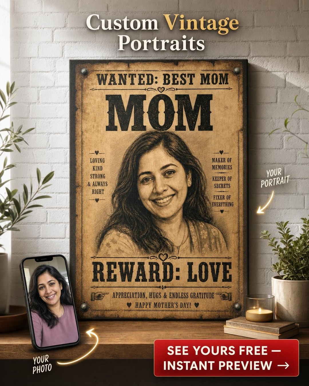 Most Wanted Mom Poster Custom Portrait from Photo | Personalized Canvas Gift