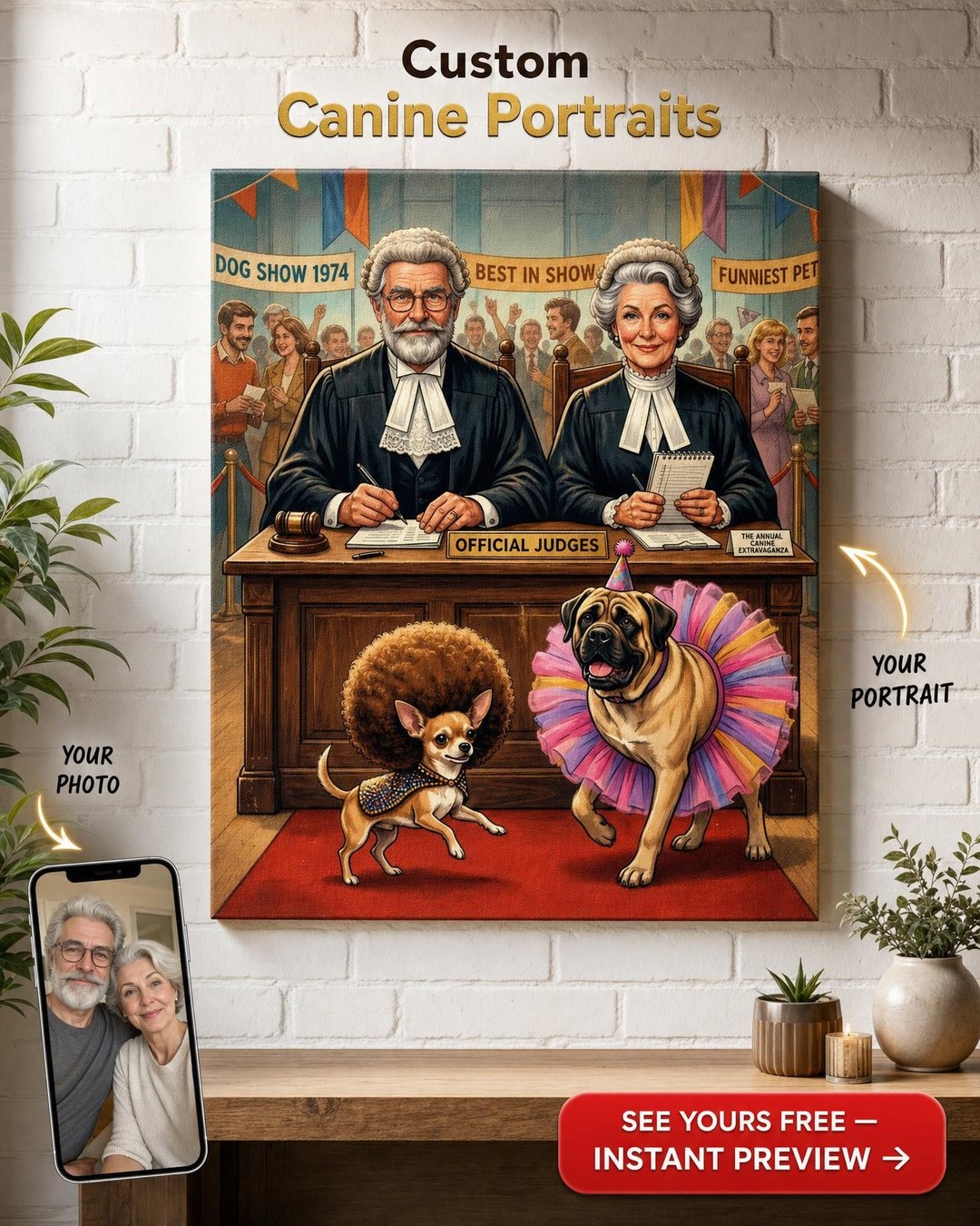 Custom Dog Portrait Canvas — Whimsical Courtroom Judge & Pug Art