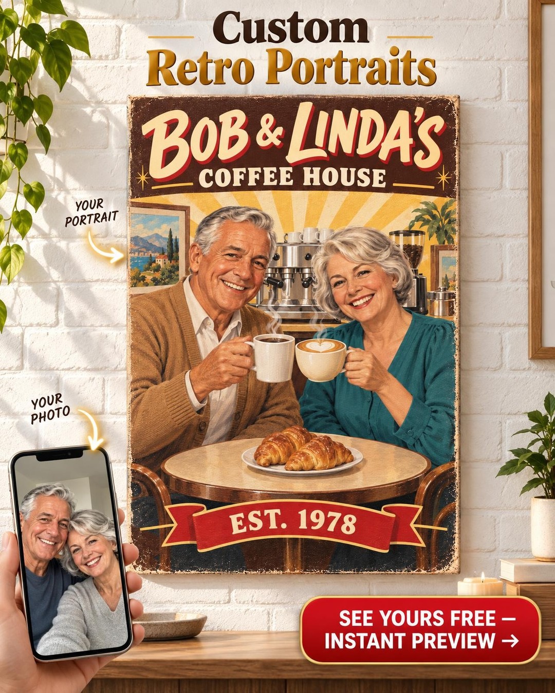 Vintage Café Advertisement Custom Portrait from Photo | Personalized Coffee House Gift