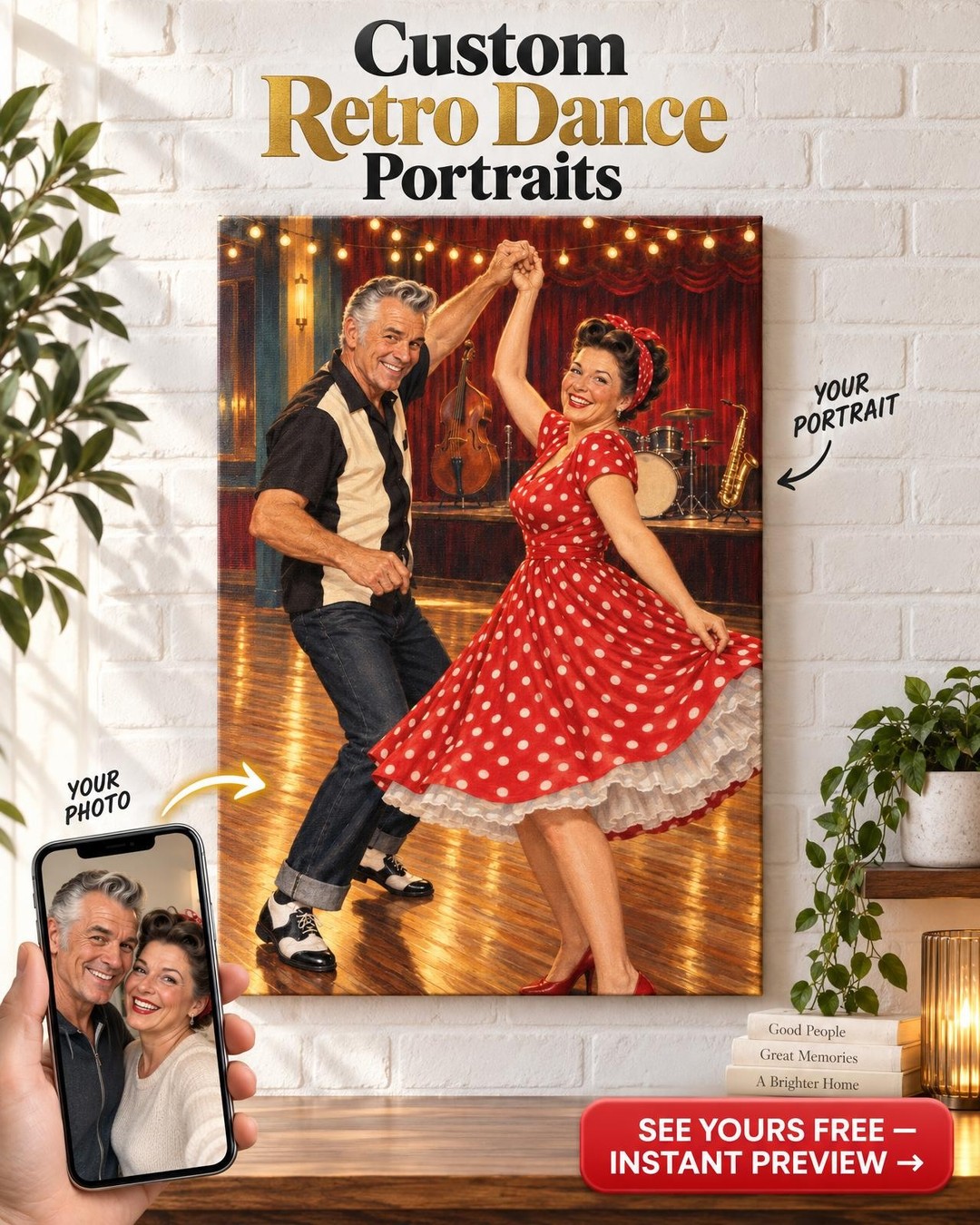 Swing Night Couple Custom Portrait from Photo | Personalized Rockabilly Portrait Gift