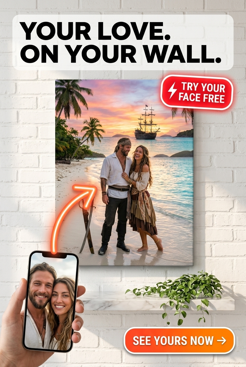 Custom Pirate Couple Portrait — Romantic Beach Sunset Canvas