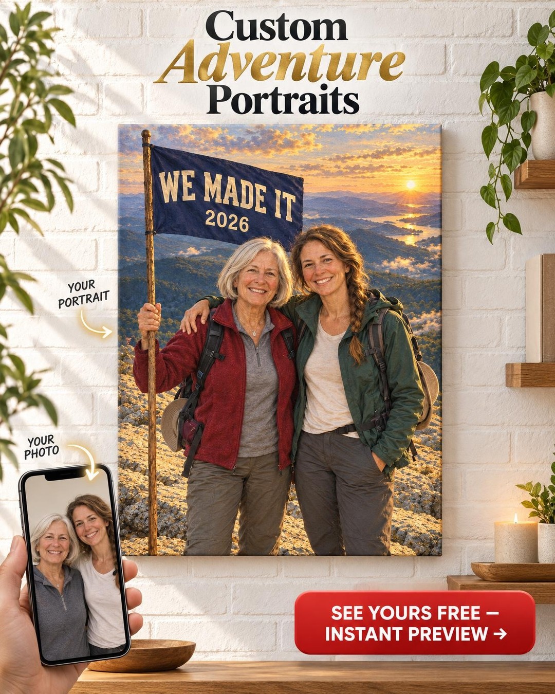 Mother and Daughter Summit Custom Portrait from Photo | Personalized Summit Portrait Gift