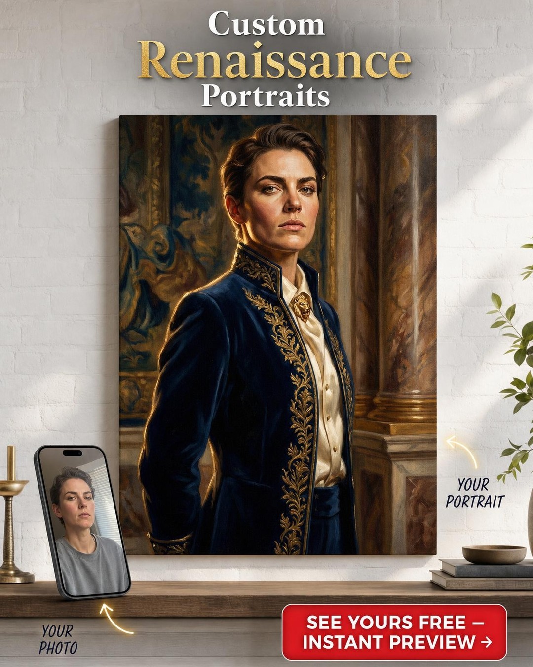 Custom Royal Woman Portrait — Regal Elegance Canvas