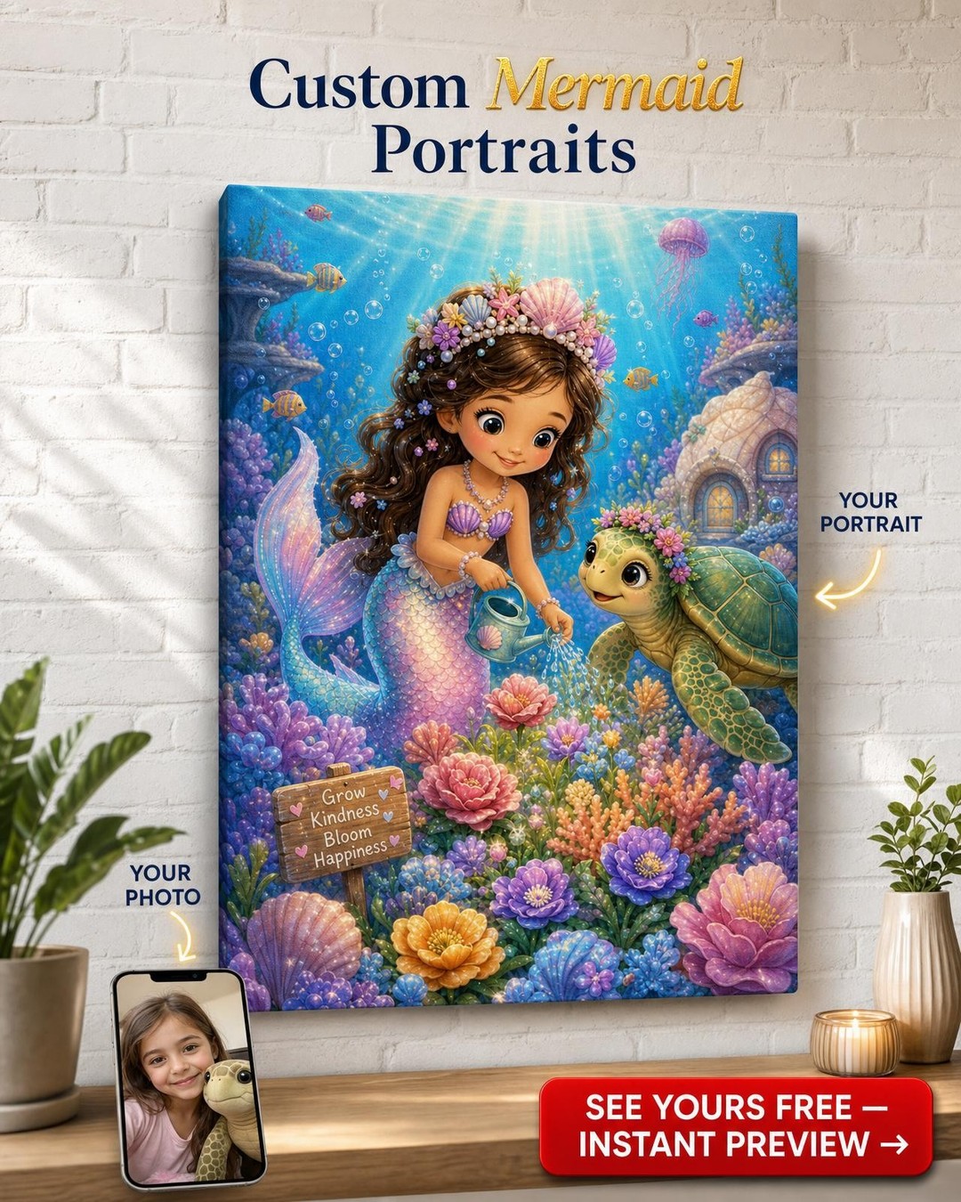Coral Garden Little Mermaid Custom Portrait from Photo | Personalized Canvas Gift