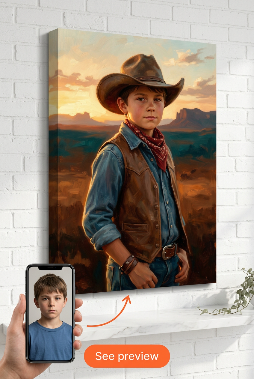 Custom Cowboy Portrait for Boys — Heroic Western Canvas Art