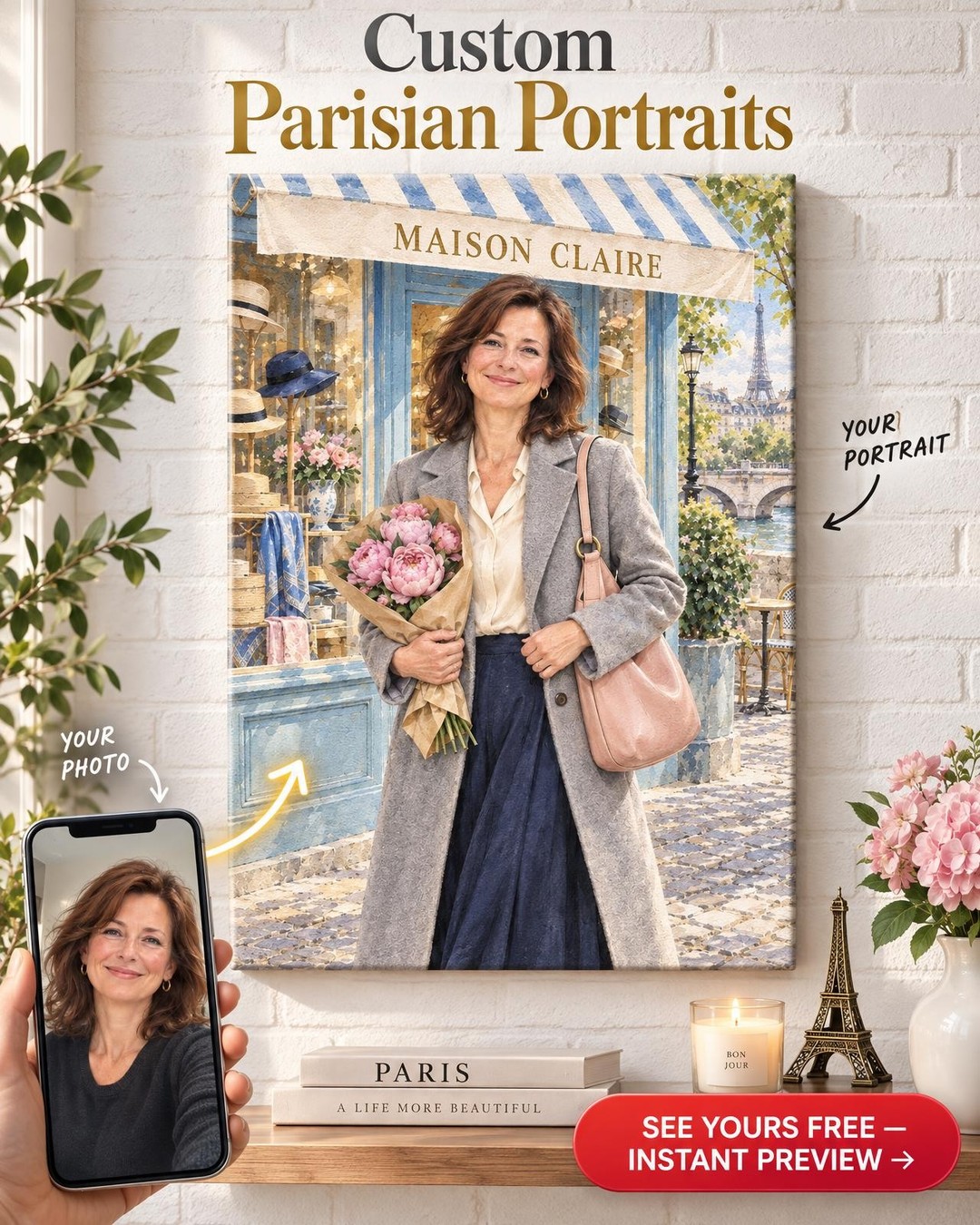 Her Name on a Paris Boutique Custom Portrait from Photo | Gift for Her