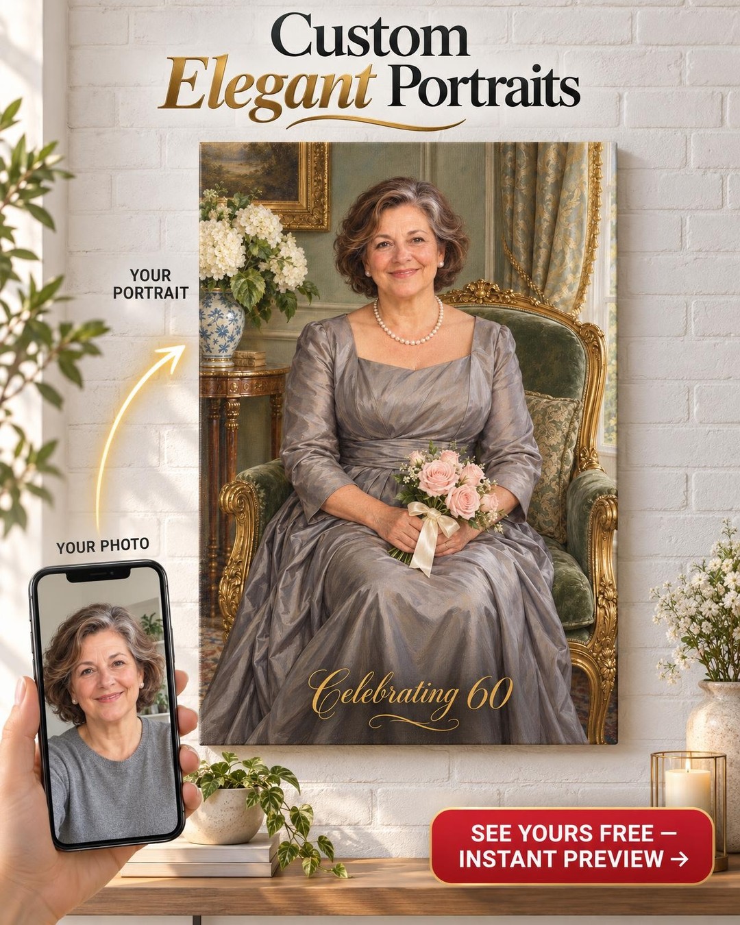Celebrating Her Birthday Society Portrait from Photo | Milestone Birthday Gift