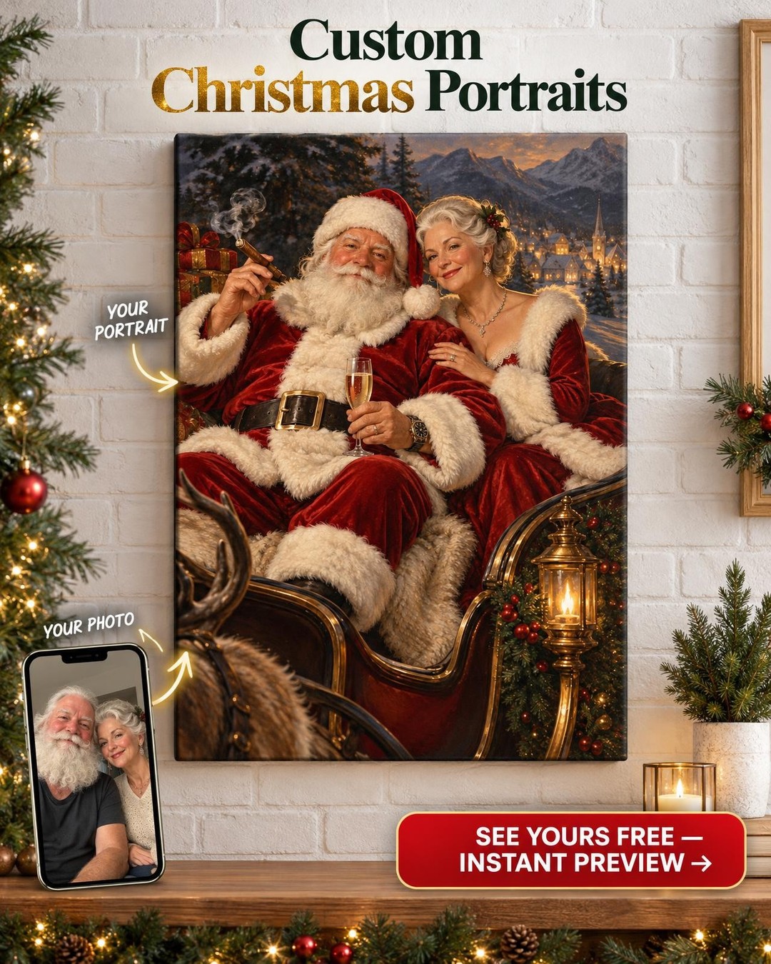 Joyful Couple Christmas Portrait Custom Portrait from Photo | Personalized Christmas Gift