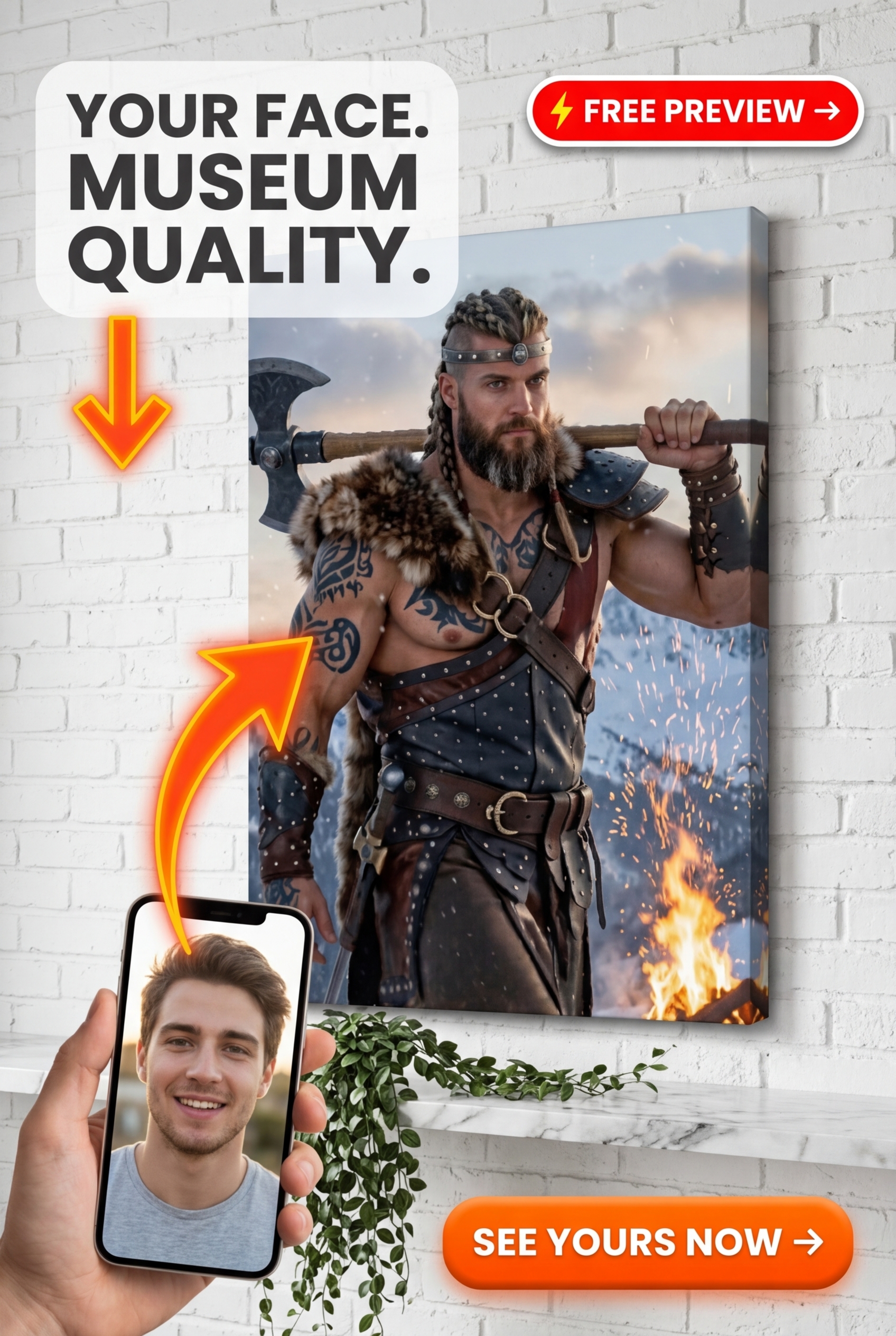 Dit opvallende portret toont een enkele man versierd met een prachtig Viking-stijl