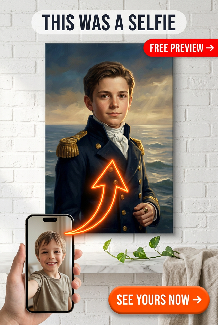 Custom Musketeer Boy Portrait — Heroic Naval Canvas from Photo