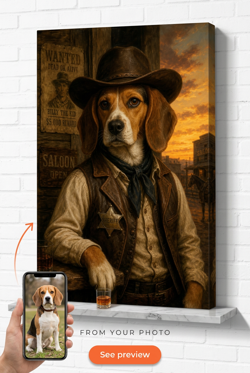 Custom Cowboy Dog Portrait — Whimsical Pet Canvas Art
