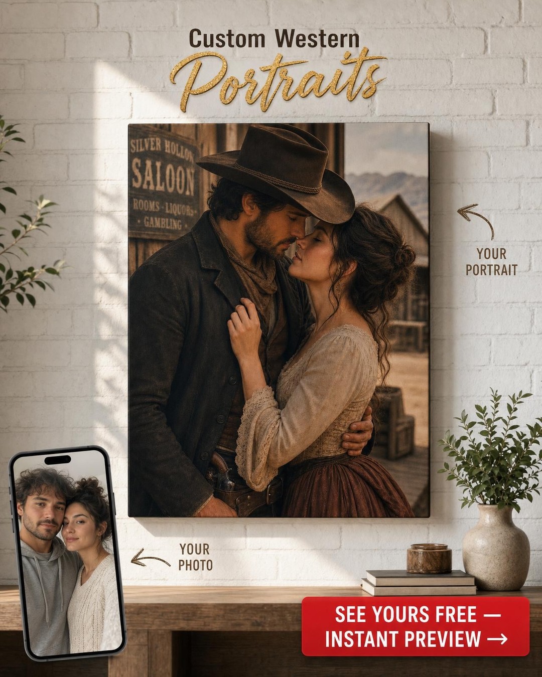 Custom Cowboy Couple Portrait — Romantic Saloon Canvas
