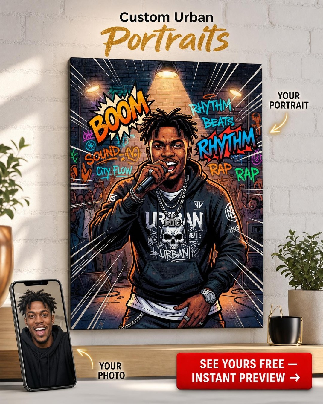 Custom Graffiti Man Portrait — Whimsical Urban Canvas Art