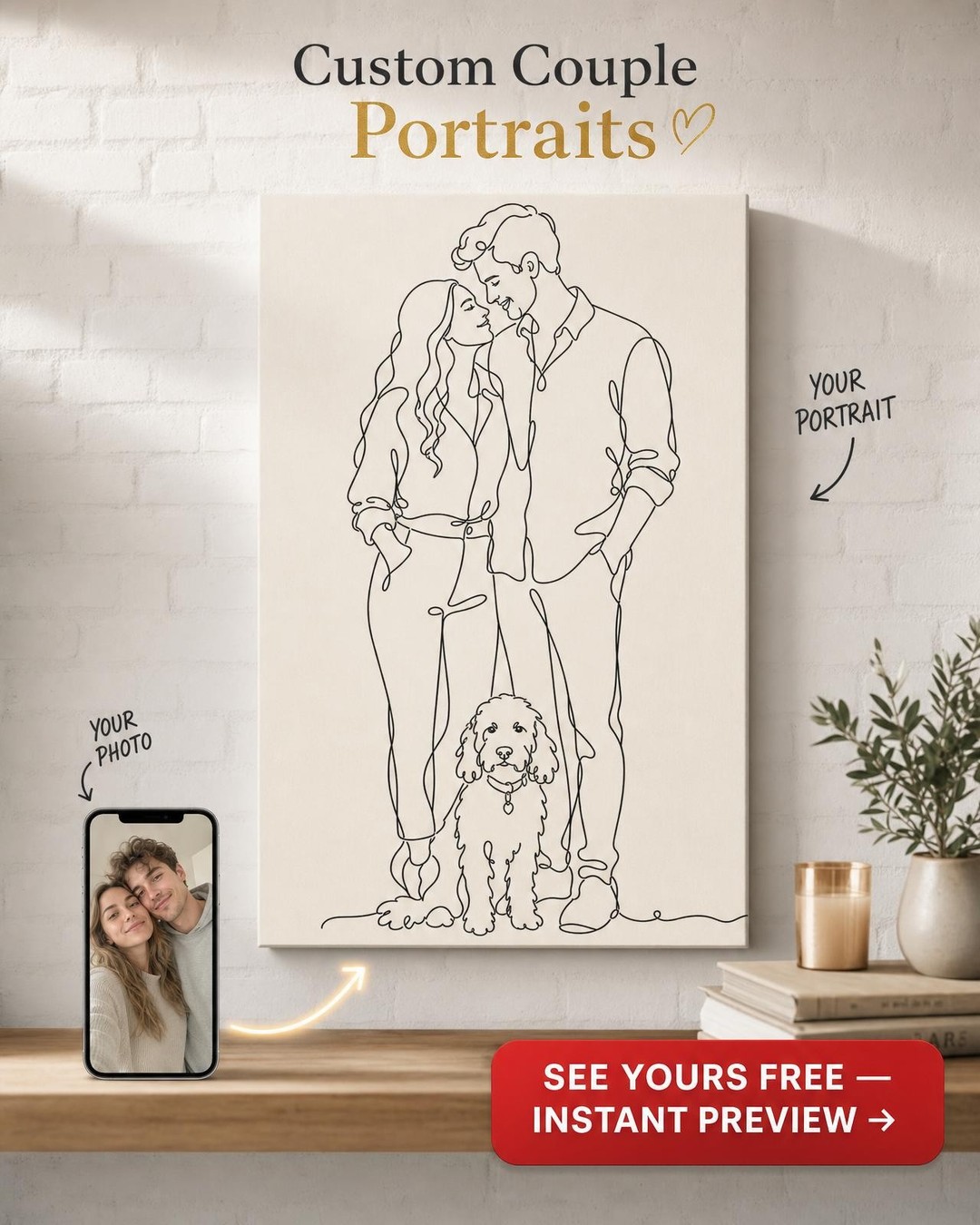 Custom Line Drawing Couple Portrait — Minimalist Romantic Canvas