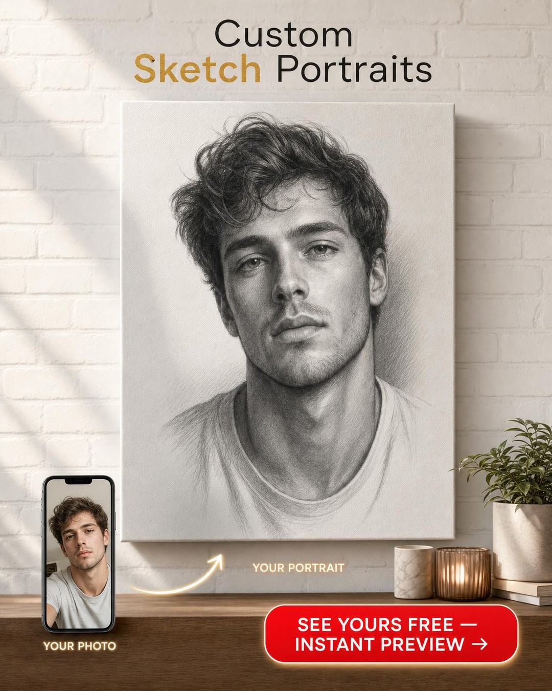 Custom PencilSketch Single Man Portrait — Serene Canvas Art from Photo