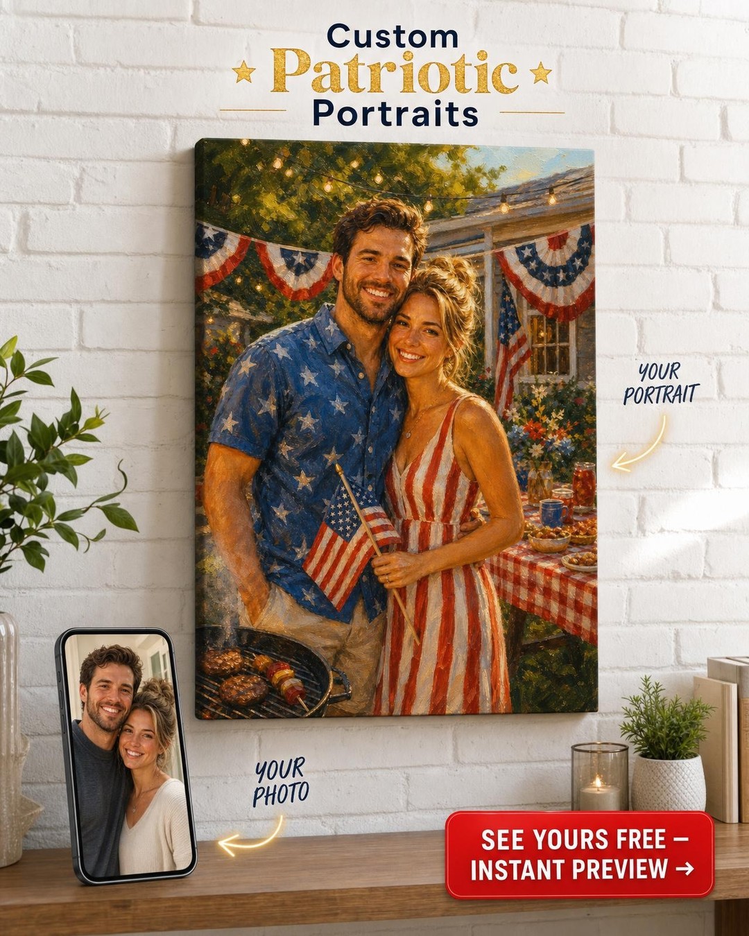 July 4th Backyard Couple Custom Portrait from Photo | Personalized Canvas Gift