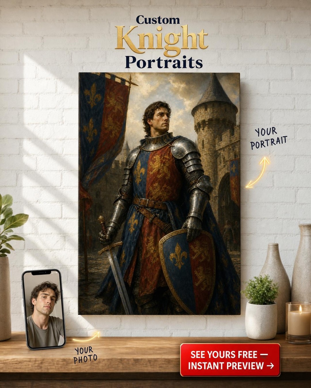 Medieval Knight Custom Portrait from Photo | Personalized Canvas Gift