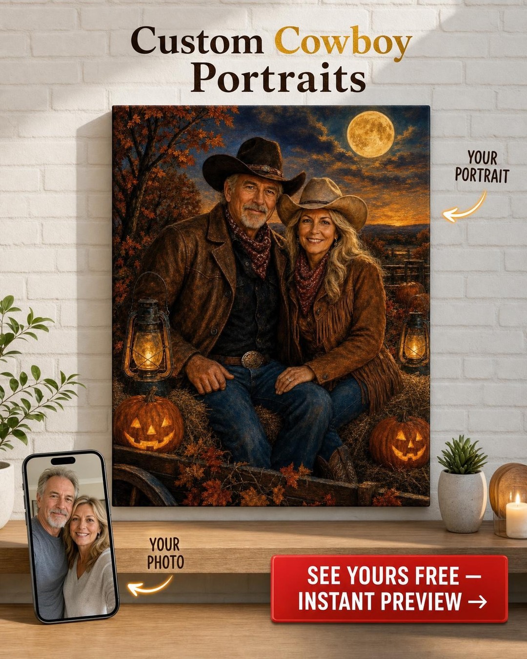 Western Harvest Moon Couple Portrait Canvas