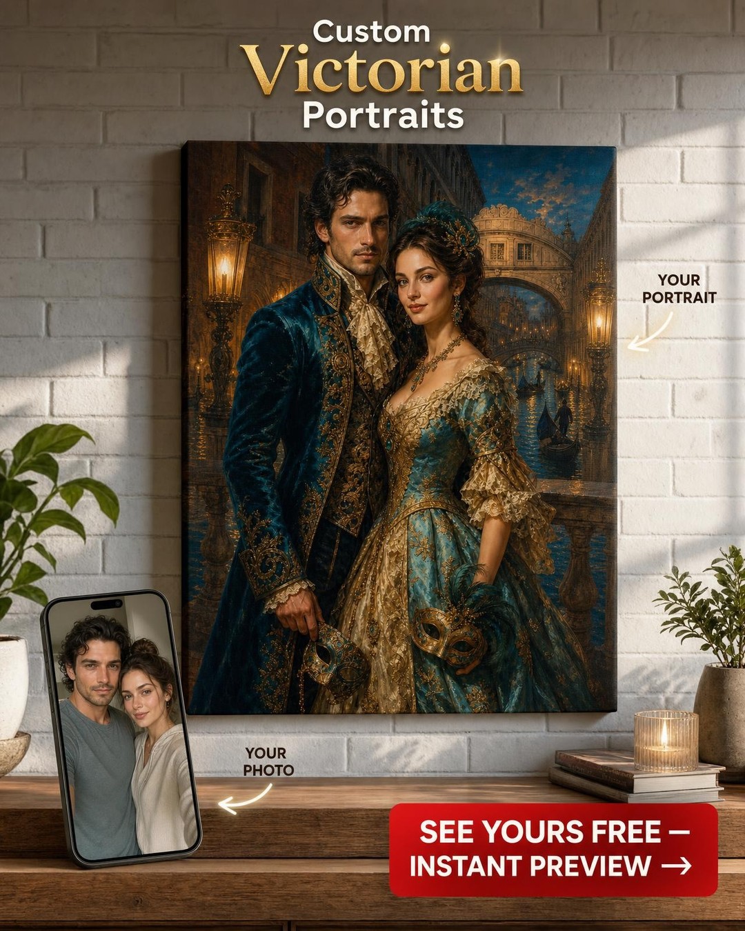 Venetian Masquerade Night Custom Portrait from Photo | Personalized Couple Gift