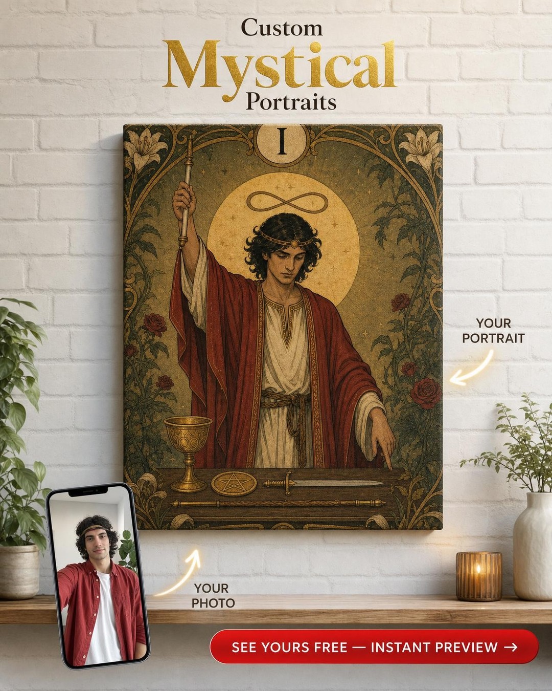 Custom Tarot Man Portrait — Regal AI Art from Photo Canvas
