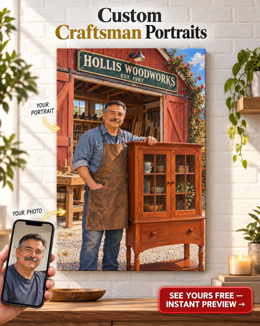His Name Over The Door Woodworker Custom Portrait from Photo | Personalized Woodworking Portrait Gift