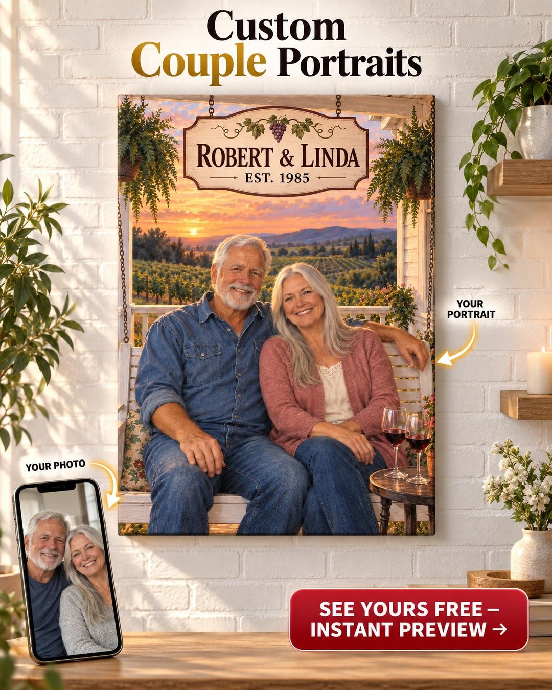 Wine Country Porch Couple Custom Portrait from Photo | Personalized Vineyard Romance Gift