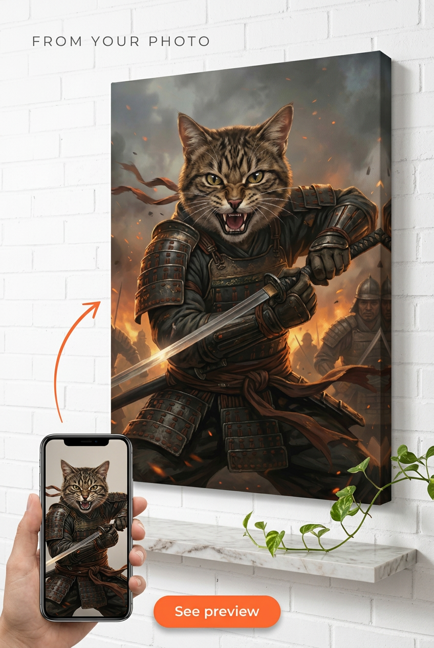 Custom Samurai Cat Portrait — Heroic Warrior Canvas from Photo