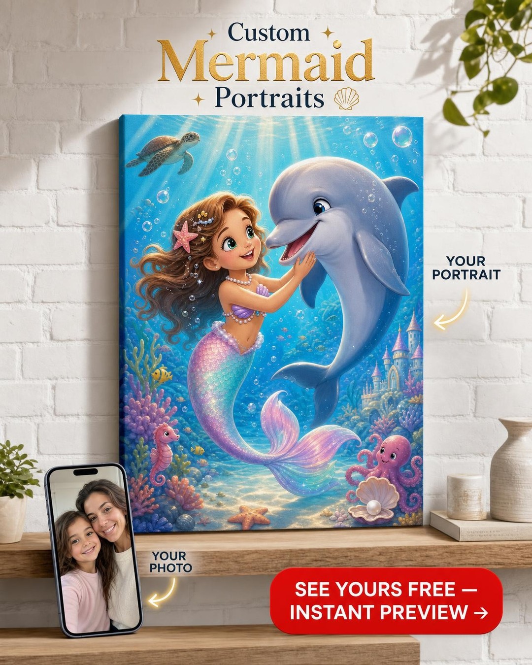 Dolphin Play Little Mermaid Custom Portrait from Photo | Personalized Canvas Gift
