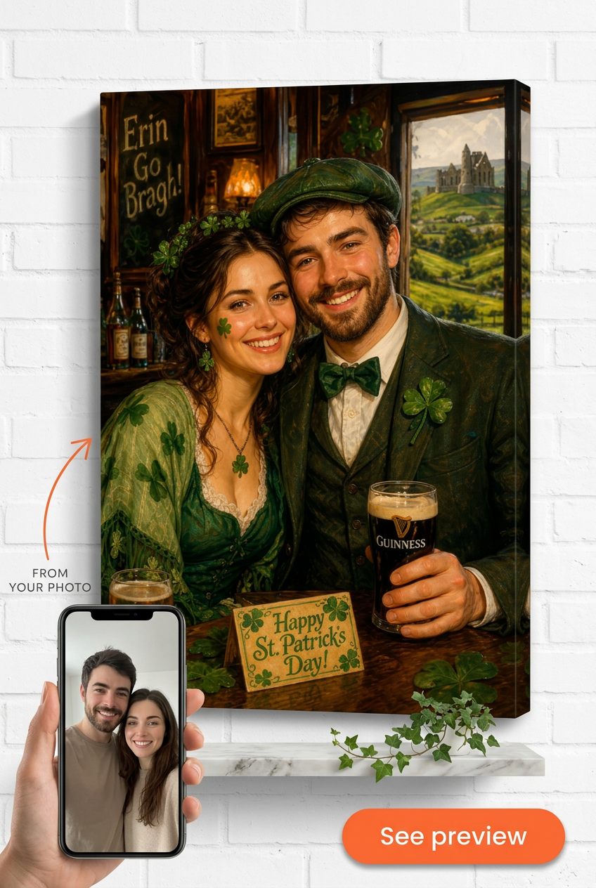 Custom Cultural Couple Portrait — Festive Irish Pub Scene from Photo