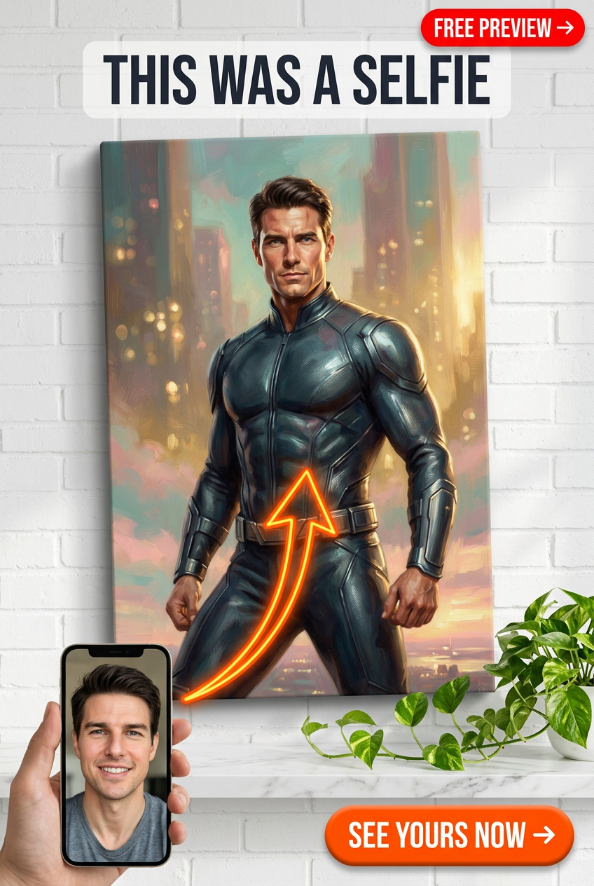 Custom Superhero Man Portrait — Heroic City Skyline Canvas