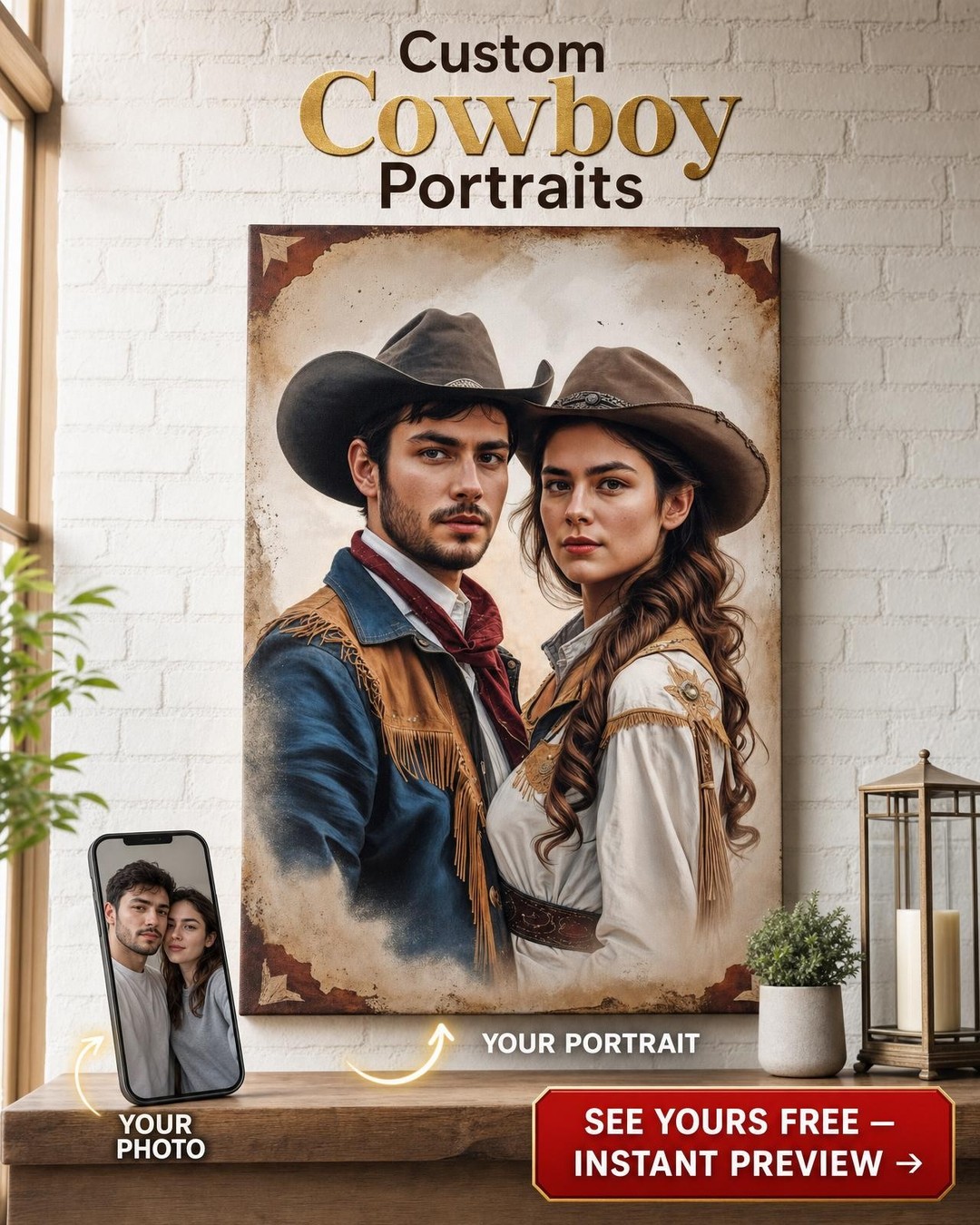 Custom Cowboy Couple Portrait — Romantic Western Canvas