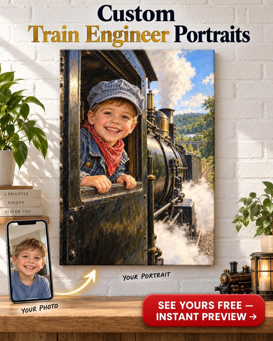 Little Engineer Custom Portrait from Photo | Personalized Railroad Portrait Gift