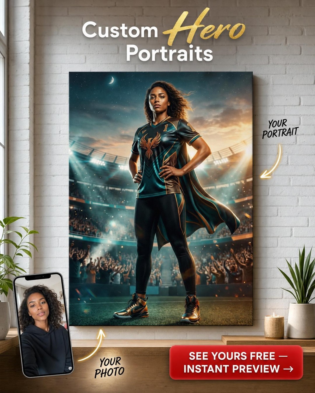 Custom Soccer Man Portrait — Heroic Superhero Canvas from Photo