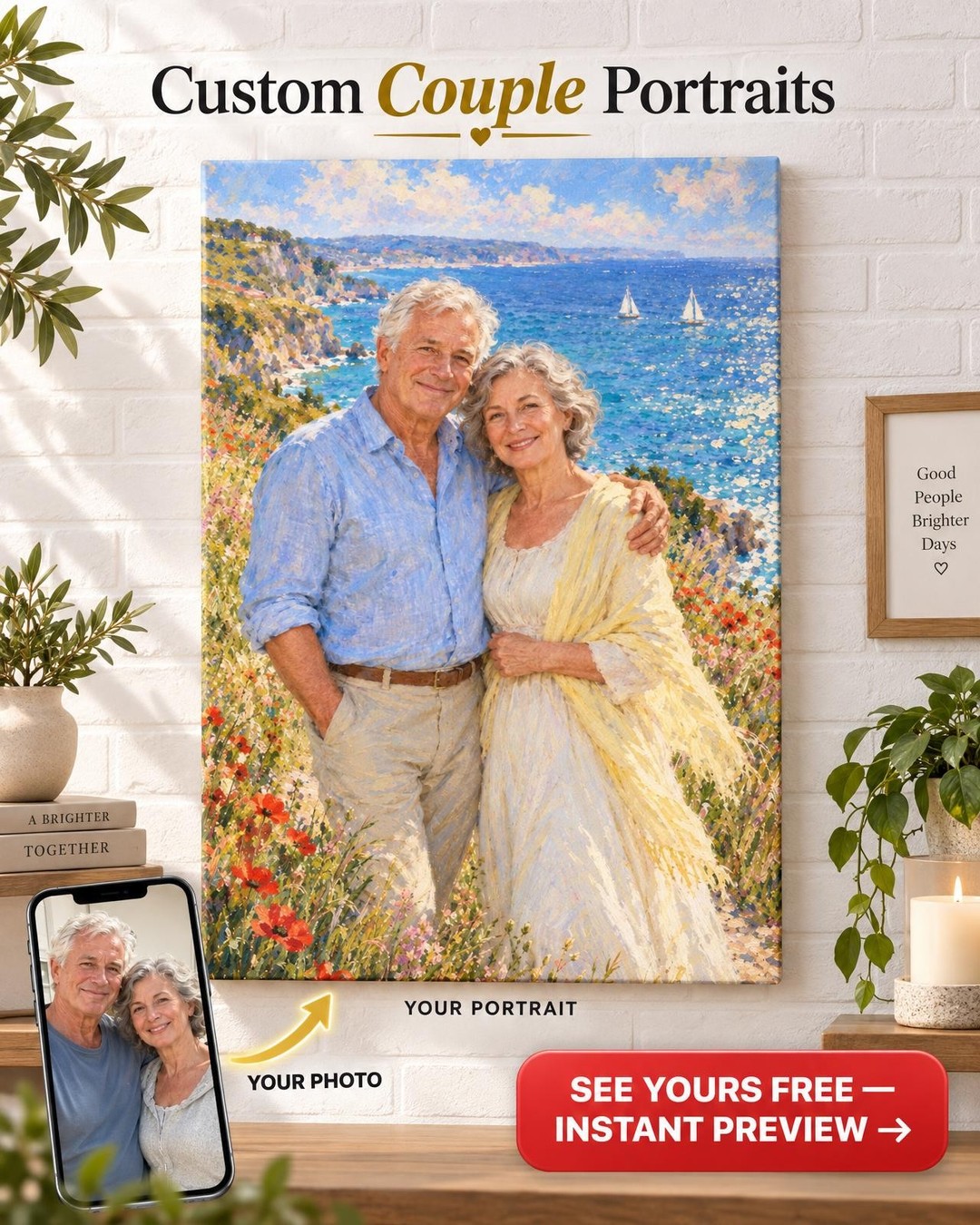 Impressionist Seaside Couple Custom Portrait from Photo | Personalized Masterpiece Portrait Gift
