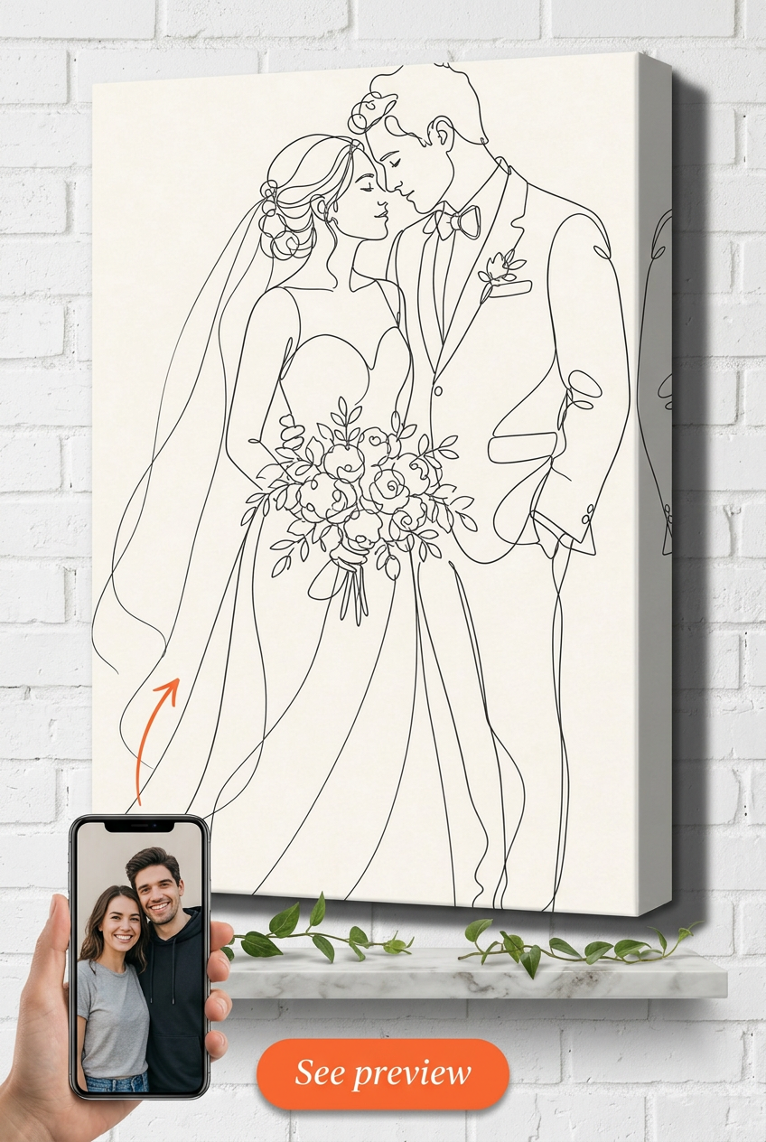 Custom Line Drawing Couple Portrait — Romantic Wedding Canvas
