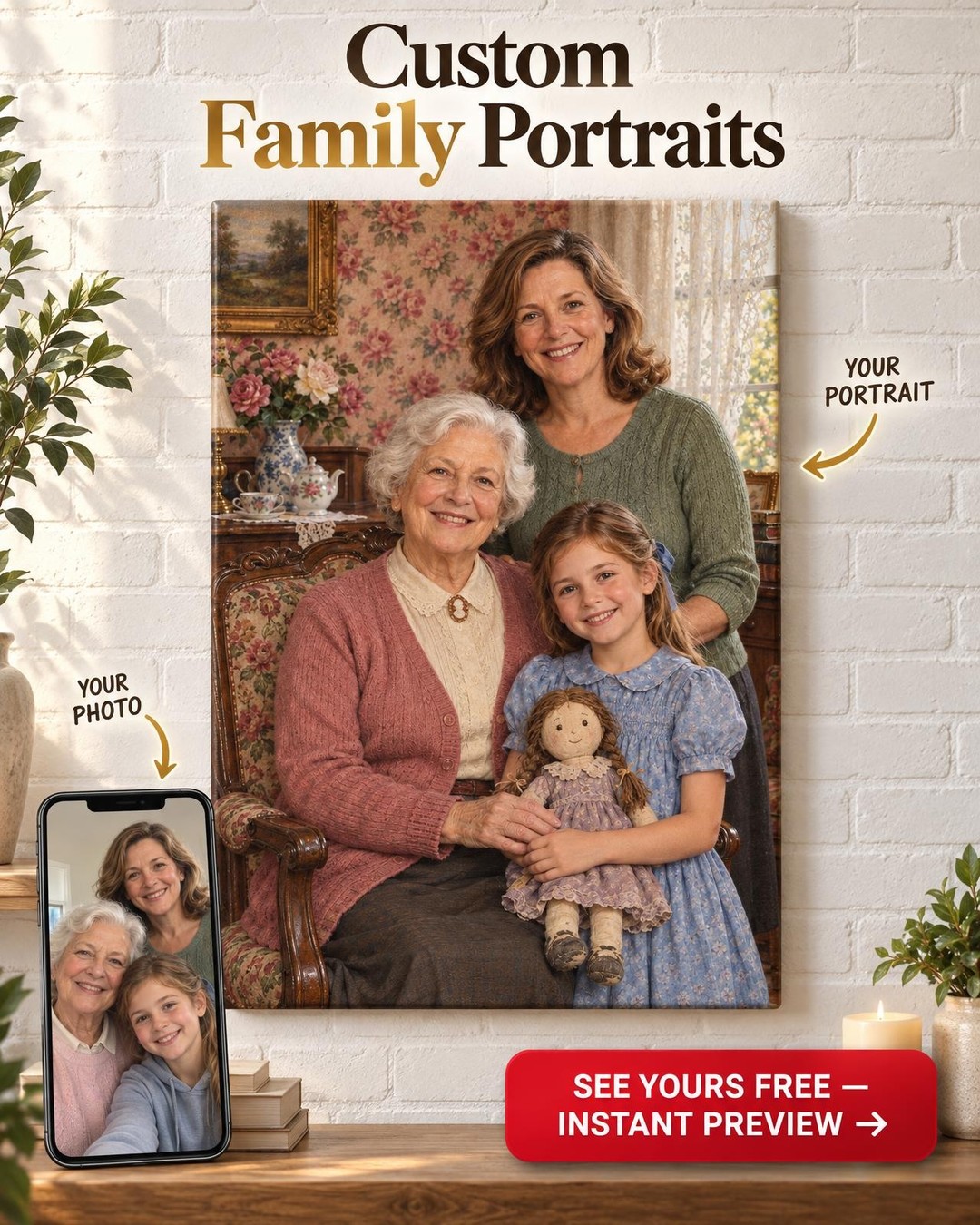 Three Generations Custom Portrait from Photo | Personalized Childhood Keepsake Gift