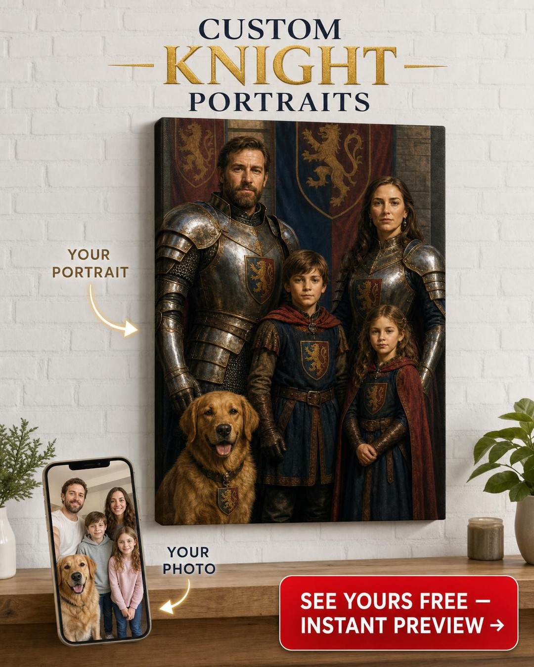 Custom Knight Family Portrait — Regal Armor Canvas from Photo