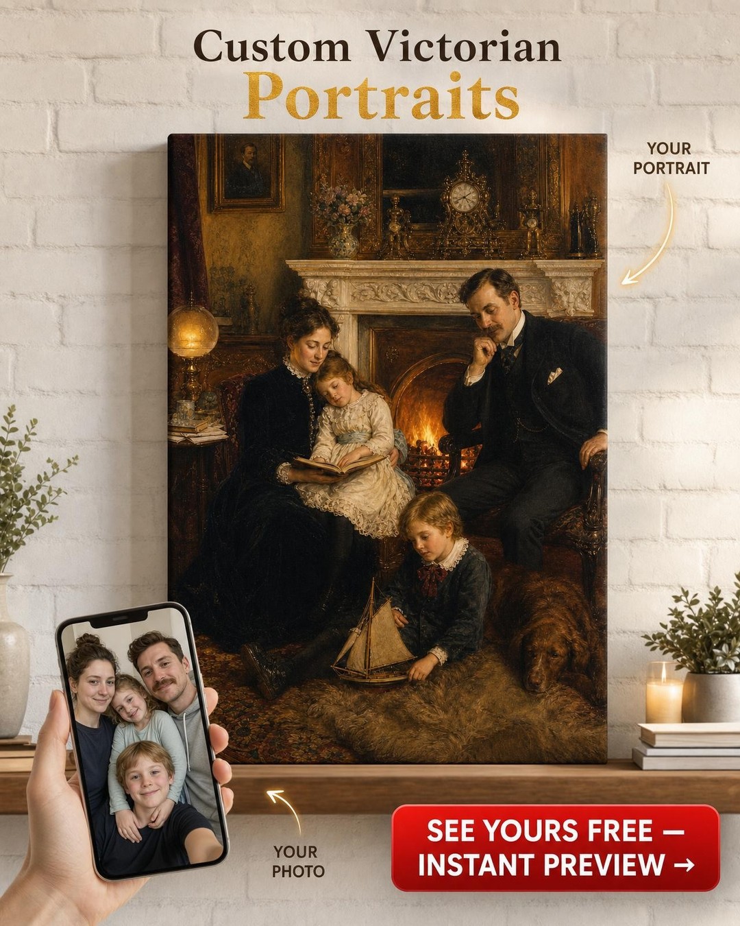 Victorian Family Fireside Custom Portrait from Photo | Personalized Canvas Gift