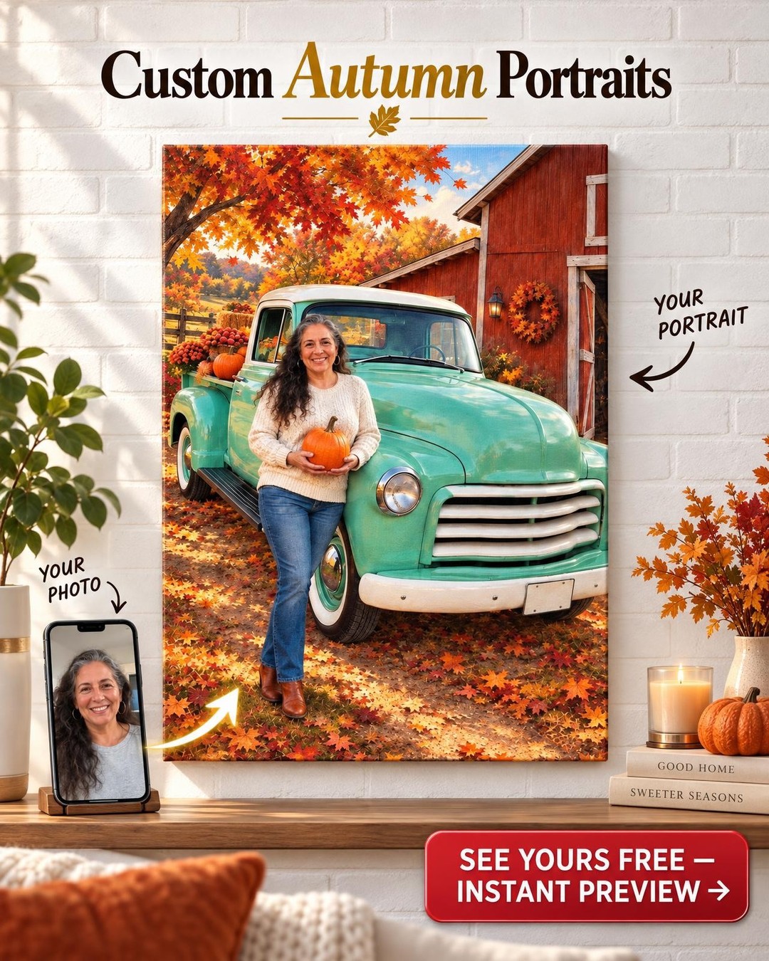 Fall Harvest Custom Truck Portrait from Photo | Personalized Truck Gift