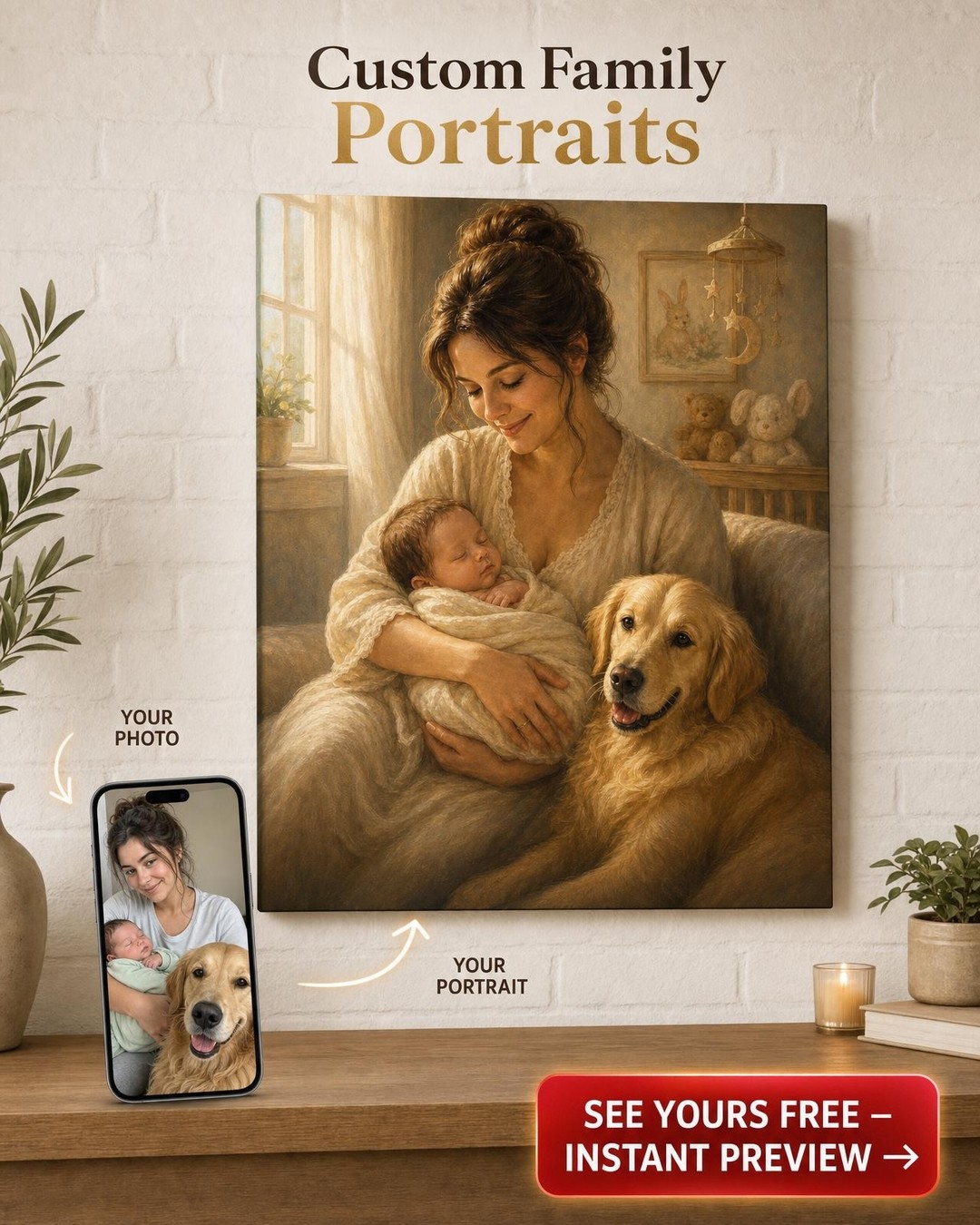 New Mom, Baby & Pet Family Canvas — AI-regenerated portrait personalized with na